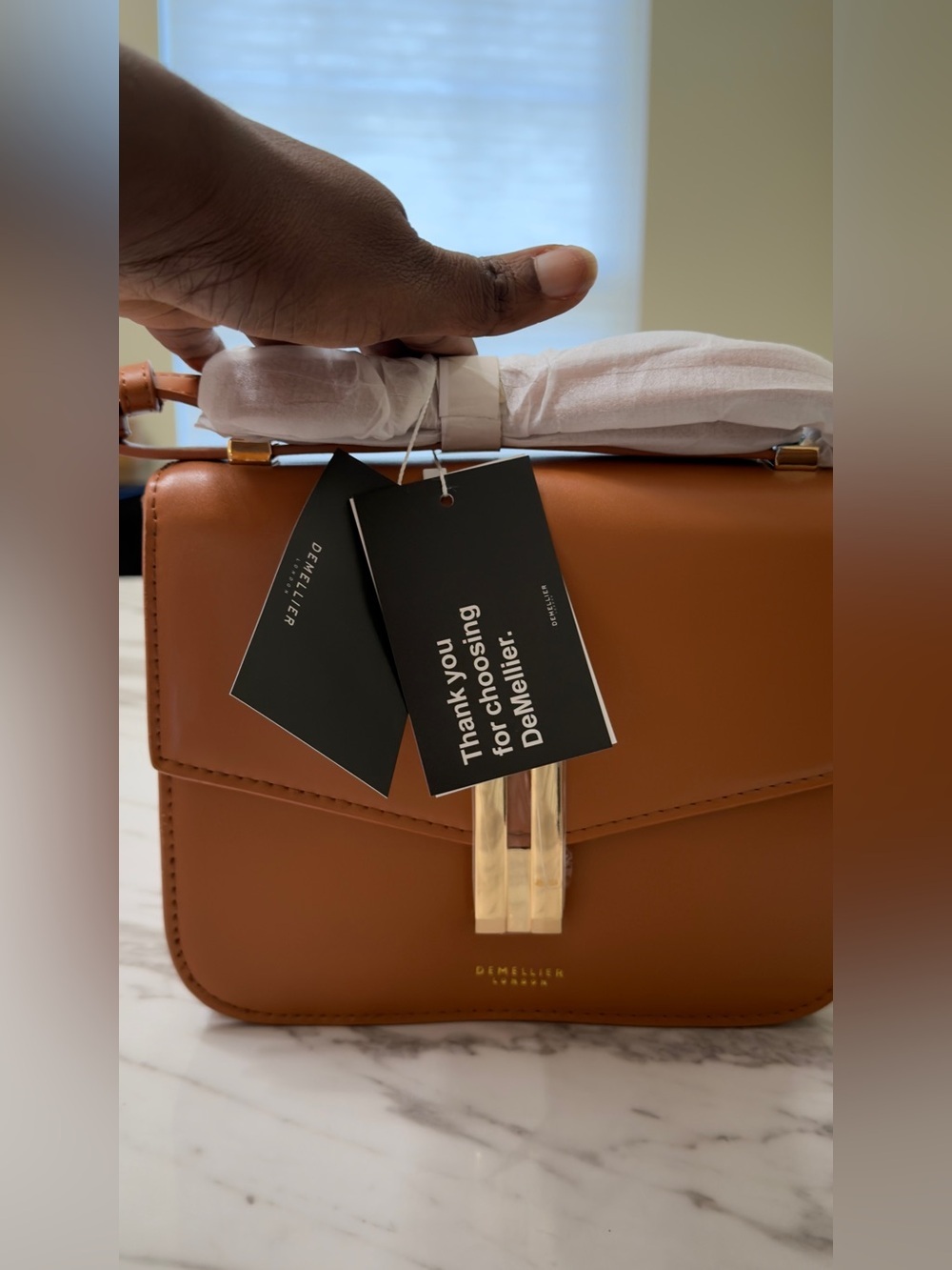 DeMellier Camel Tan Leather Messenger Bag with Gold Hardware